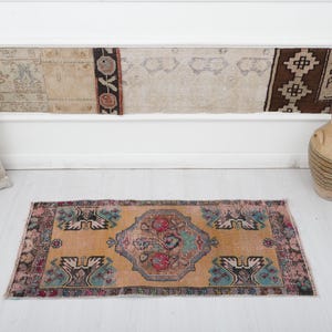 Vintage Turks Oushak-minitapijt: deurmat van wol en katoen (3,7 x 1,7 ft)