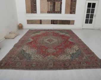 Oversize 10x13 Oushak Rug, Vintage Turkish Wool Carpet
