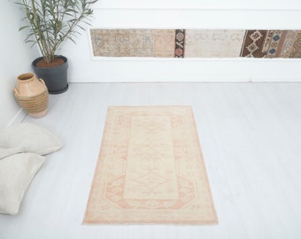 Handmade Wool Turkish Rug: Small Vintage Oushak Rug 4.2 x 2.7 ft