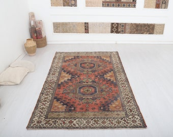 4x8 Vintage Turkish Rug: Anatolian Oushak Wool Rug