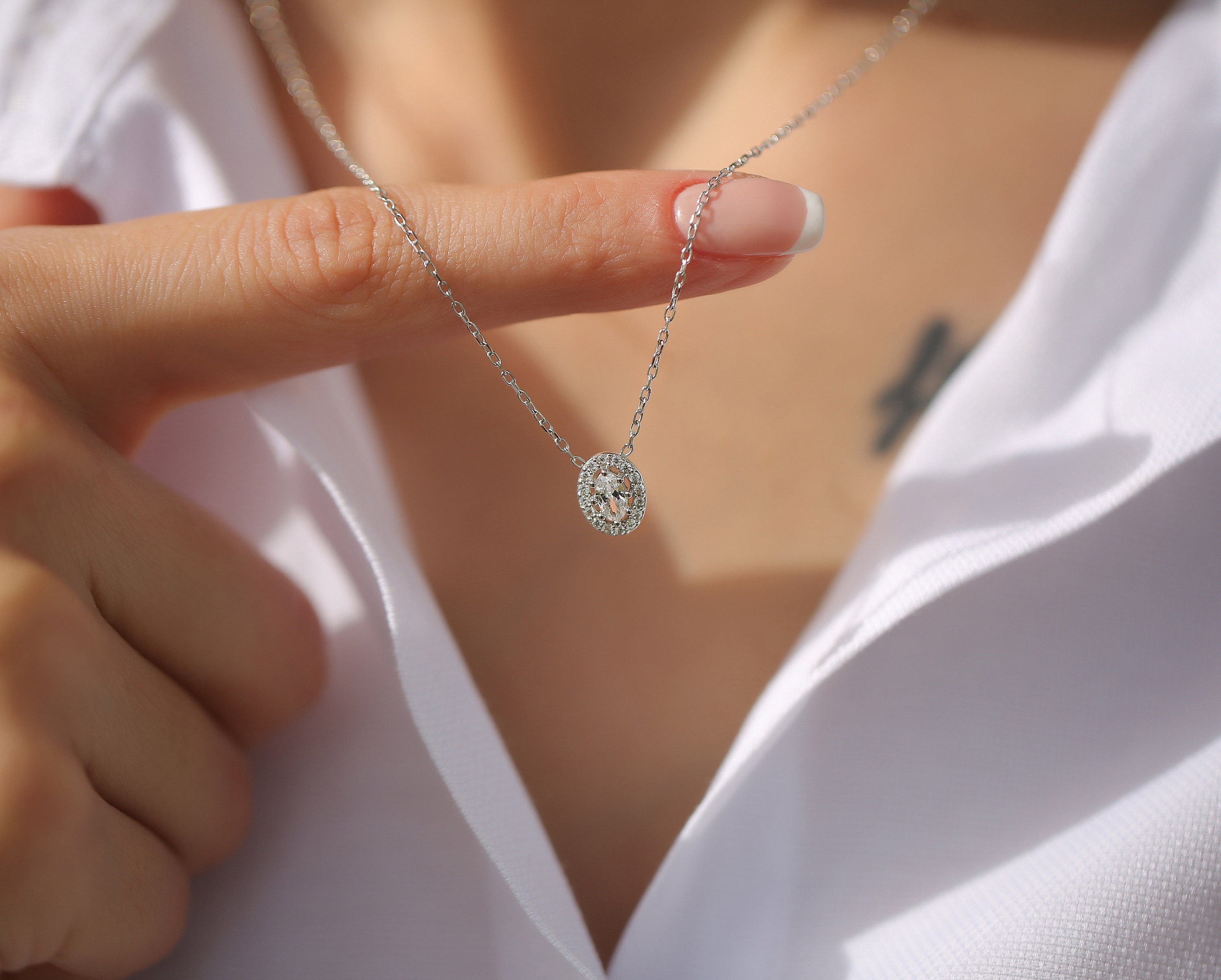 Sterling Silver Necklace Oval Pendant With Zirconia Stone - Etsy