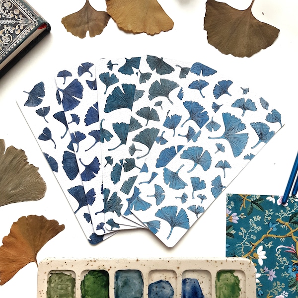 Marque-pages feuilles bleues de Ginkgo biloba / Aquarelle faite main