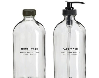 Mouthwash and Face Wash Bottles - 16oz Glass, Clear, Refillable Bottles, Reusable, Eco-friendly, Home Decor, Minimalist Design