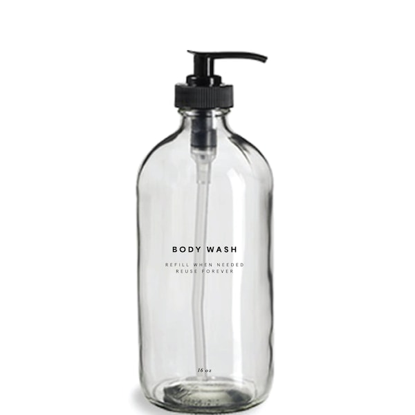 Body Wash Bottle - 16oz Glass, Clear, Refillable, Reusable, Eco-friendly, Home Decor, Minimalist Design