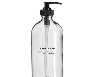 Face Wash Bottle - 16oz Glass, Clear, Refillable, Reusable, Eco-friendly, Home Decor, Minimalist Design, Pump Dispenser