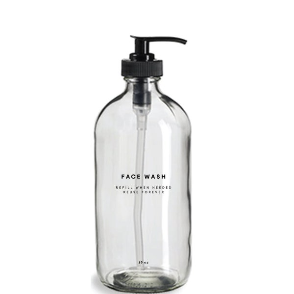 Face Wash Bottle - 16oz Glass, Clear, Refillable, Reusable, Eco-friendly, Home Decor, Minimalist Design, Pump Dispenser