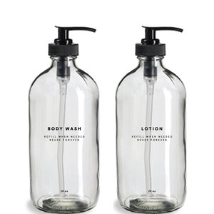Body Wash and Lotion Bottles - 16oz Glass, Clear, Refillable Bottles, Reusable, Eco-friendly, Home Decor, Minimalist Design