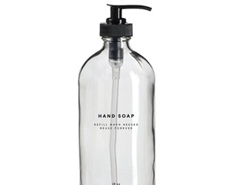 Hand Soap Bottle - 16oz Glass, Clear, Refillable, Reusable, Eco-friendly, Home Decor, Minimalist Design, Pump Dispenser