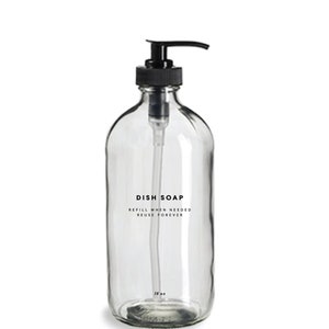 Dish Soap Bottle - 16oz Glass, Clear, Refillable, Reusable, Eco-friendly, Home Decor, Minimalist Design