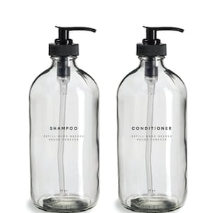 Shampoo & Conditioner Set - 16oz Glass, Clear, Refillable Bottles, Reusable, Eco-friendly, Bathroom Decor, Minimalist, Pump Dispensers