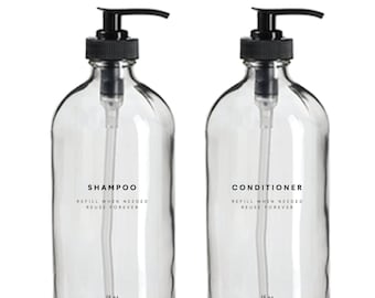 Shampoo & Conditioner Set - 16 Unzen Glas, klare, nachfüllbare Flaschen, wiederverwendbar, umweltfreundlich, Badezimmerdekor, minimalistisch, Pumpspender