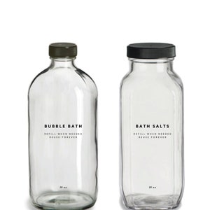 Bubble Bath and Bath Salts Bottles - 16oz Glass, Clear, Refillable Bottles, Reusable, Eco-friendly, Home Decor, Minimalist Design