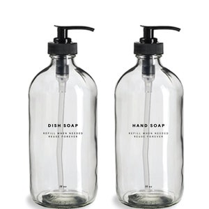Dish Soap and Hand Soap Bottles - 16oz Glass, Clear, Refillable Bottles, Reusable, Eco-friendly, Home Decor, Minimalist Design