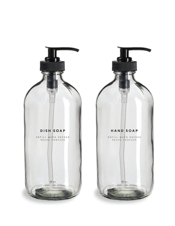 Dish Soap and Hand Soap Bottles - 16oz Glass, Clear, Refillable Bottles, Reusable, Eco-friendly, Home Decor, Minimalist Design