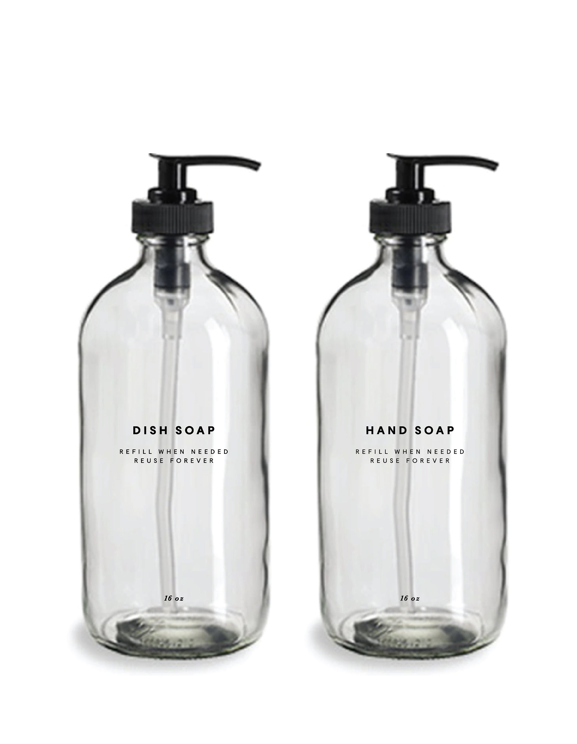 Dish Soap and Hand Soap Bottles - 16oz Glass, Clear, Refillable Bottles,  Reusable, Eco-friendly, Home Decor, Minimalist Design