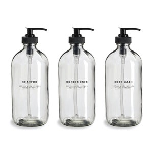 Shampoo, Conditioner & Body Wash Set - 16oz Glass, Refillable Bottles, Reusable, Eco-friendly, Bathroom Decor, Minimalist, Pump Dispensers
