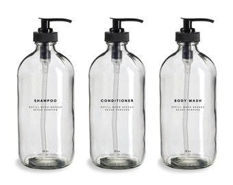 Shampoo, Conditioner & Body Wash Set - 16oz Glass, Refillable Bottles, Reusable, Eco-friendly, Bathroom Decor, Minimalist, Pump Dispensers