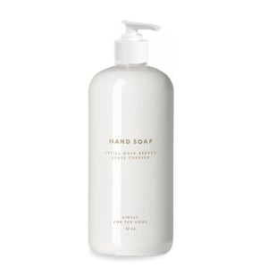 May include: White plastic pump bottle of hand soap with the text "HAND SOAP" and "REFILL WHEN NEEDED REUSE FOREVER" in gold lettering. The bottle also has the text "SIMPLY FOR THE HOME 16 oz" in gold lettering.