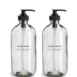 Hand Soap & Hand Cream Set - 16oz Glass, Clear, Refillable Bottles, Reusable, Eco-friendly, Home Decor, Minimalist Design, Pump Dispensers
