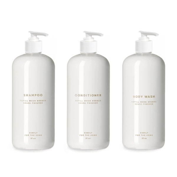 Shampoo-, Conditioner- und Duschgel-Set – 16oz weißer Kunststoff, undurchsichtig, nachfüllbar, wiederverwendbar, Badezimmerdekoration, minimalistisches Design, Pumpspender