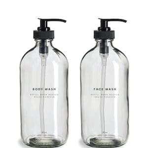 Body Wash and Face Wash Bottles - 16oz Glass, Clear, Refillable Bottles, Reusable, Eco-friendly, Home Decor, Minimalist Design