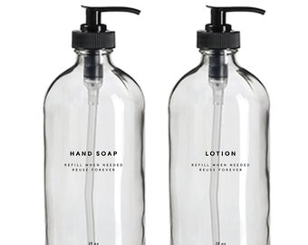 Hand Soap & Lotion Set - 16oz Glass, Clear, Refillable Bottles, Reusable, Eco-friendly, Home Decor, Minimalist Design, Pump Dispensers