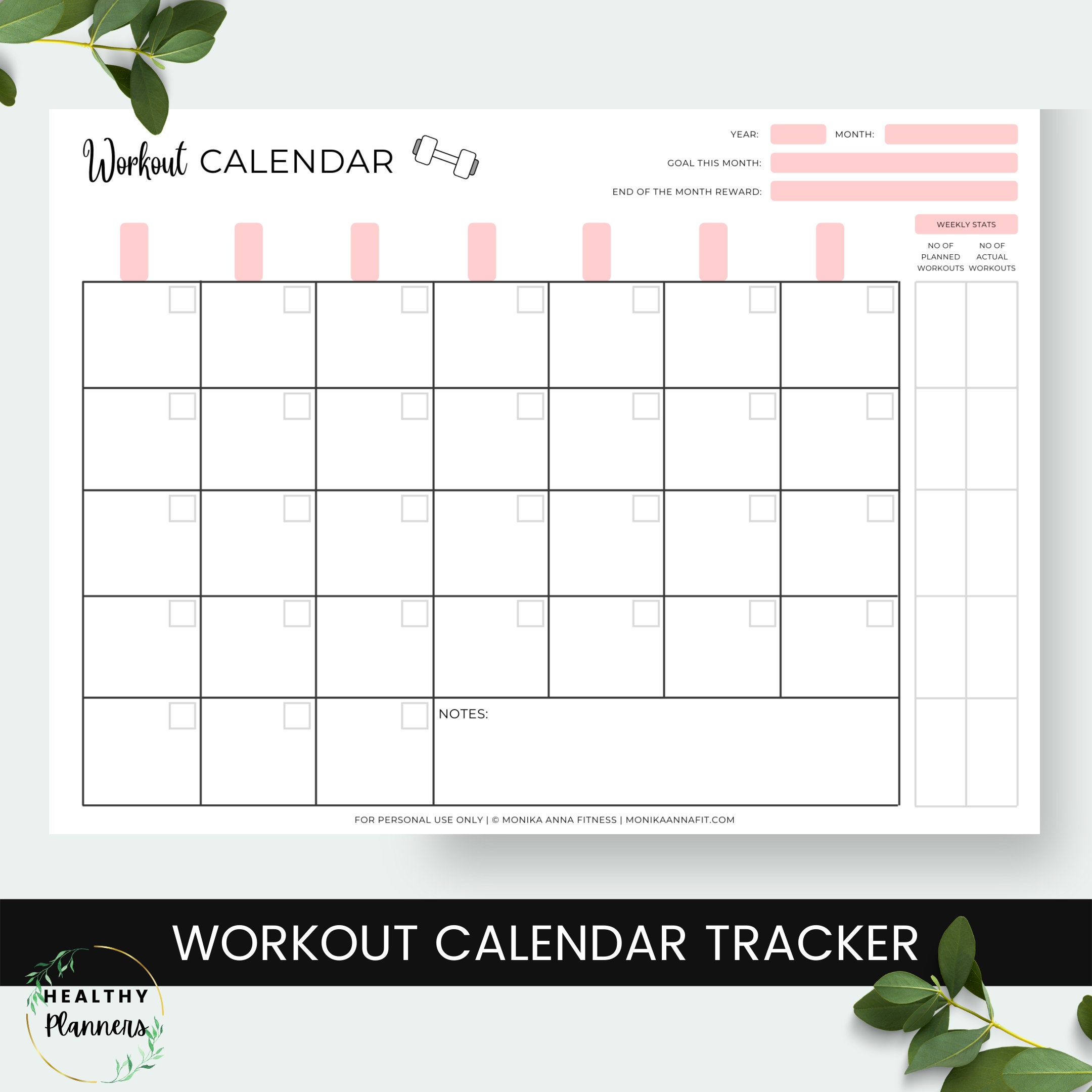 Workout Calendar Plan and Log Your Monthly Workouts Fill All on