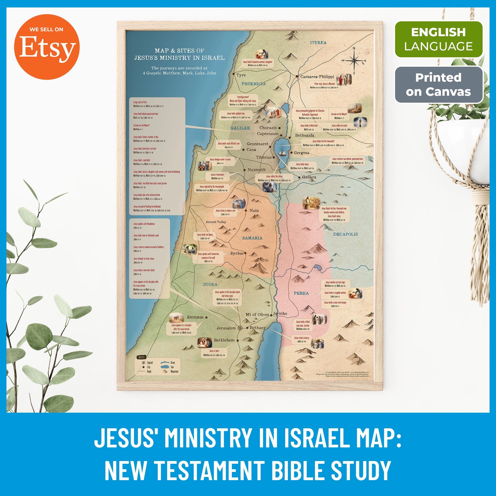 Mapa del ministerio de Jesús en Israel: Arte mural cristiano del Nuevo  Testamento - Etsy México, image size:2000x2000