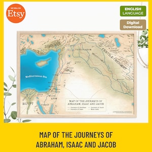 Puede incluir: Un mapa digital enmarcado titulado Map of the Journeys of Abraham, Isaac and Jacob, que representa el Creciente Fértil, Mesopotamia y Egipto con líneas rojas que trazan rutas históricas, ciudades etiquetadas y el mar Mediterráneo.