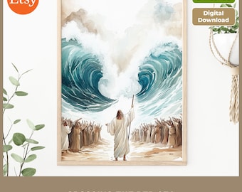 Moses im Roten Meer Abschied Aquarell Druck: Christliche Wohn Dekoration (Digitaler Download)