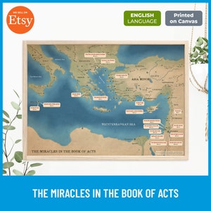 Mappa dei miracoli nel libro degli Atti / Mappa della Bibbia del Nuovo Testamento / Arte e decorazioni murali cristiane / Studio della Bibbia / Stampa su tela dei miracoli degli apostoli