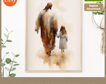 Jesus Watercolor Painting with Girl: Christian Wall Art (Digital Download)