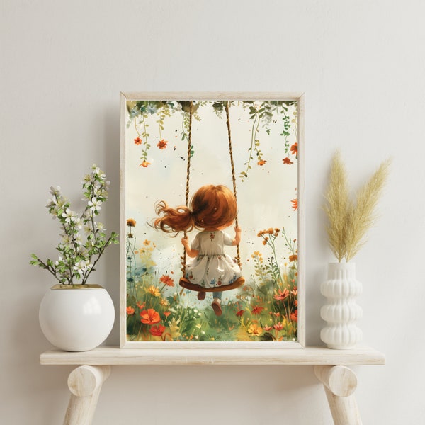 Vintage Swing Girl Amid Wildflowers, Perfect Toddler Room Art, Printable Rustic Nursery Decor