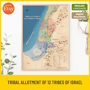 Stammeszuteilung von 12 Stämmen Israels, druckbare Bibelkarte, alttestamentliche Geographie, Kinderbibelstudie, christliches Lernen Sofort-Download