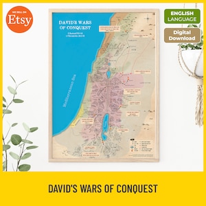 Carte des guerres de conquête de David, carte biblique imprimable, batailles du roi David, étude de l'Ancien Testament, matériel pédagogique chrétien, téléchargement immédiat
