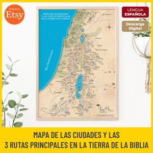 May include: A framed map of the cities and routes in the Bible, with text in Spanish. The map features a blue sea and lakes, with beige land and brown text. The Etsy logo is in the top left corner.