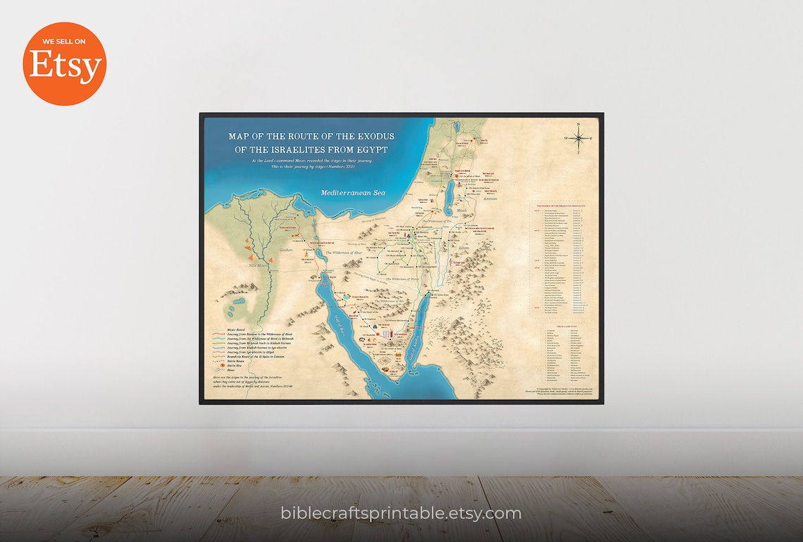 Map of the Route of the Exodus of the Israelites From Egypt, Bible Map