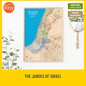以下が含まれることがあります： 「The Judges of Israel」と題された額装済みのウォールアートプリント。色分けされた地域、山のイラスト、方位磁針、下部に詳細な参照表が描かれた古代の領土地図が、羊皮紙風の背景にデザインされています。