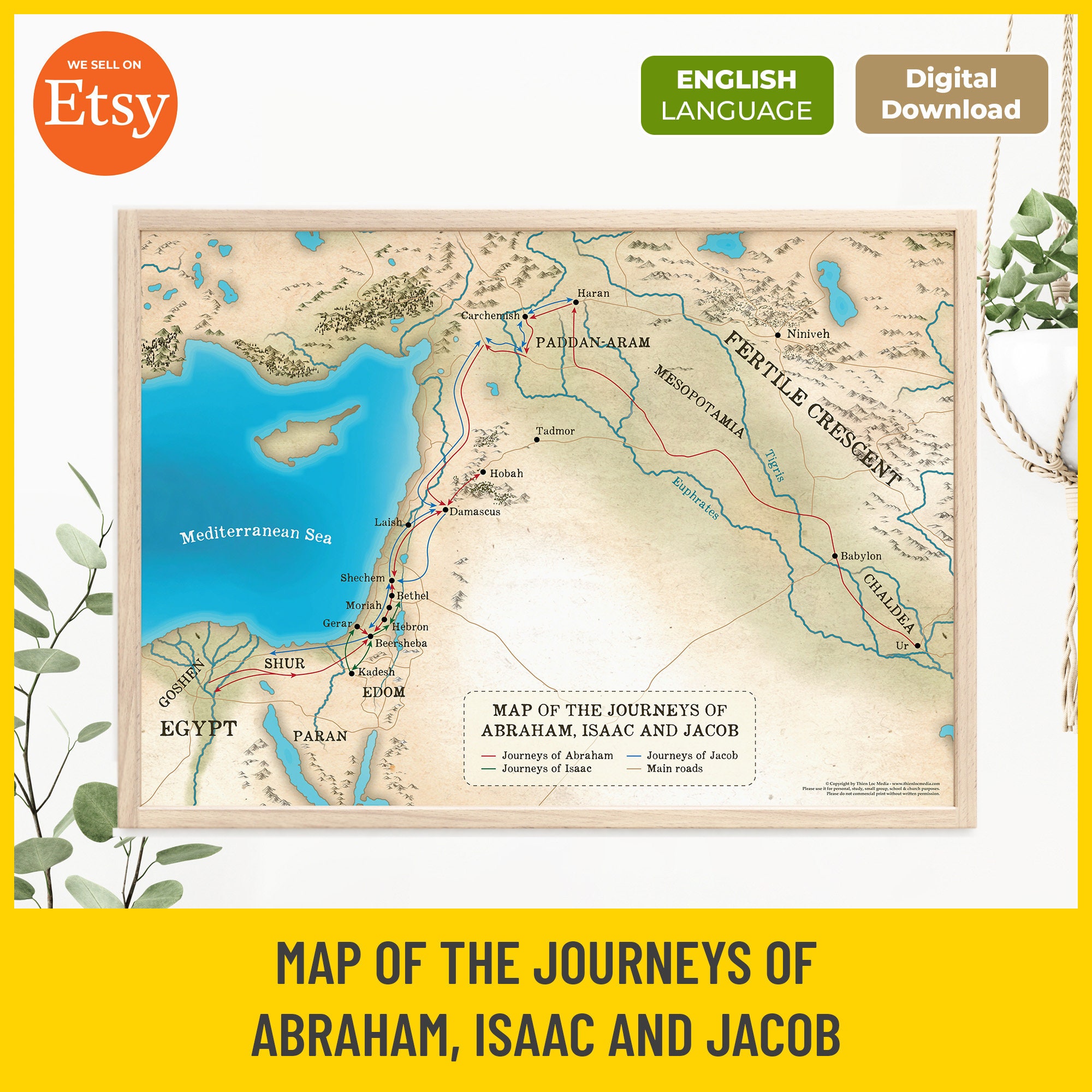 Map of the Journeys of Abraham, Isaac & Jacob, Printable Bible Map, Patriarchs of Israel, Old Testament, Christian Teaching Instant Download