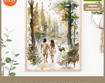 Adam en Eva aquarelprint: Garden of Eden Bijbelverhaal (digitale download)