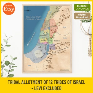 Stammeszuteilung von 12 Stämmen Israels (Levi ausgeschlossen), druckbare Bibel, gelobte Landkarte, altes Testament, sofortiger Download