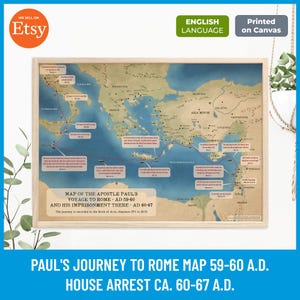 Mapa da Jornada de Paulo a Roma, Mapa Bíblico para Imprimir, Viagens do Apóstolo Paulo, Estudo do Novo Testamento, Arte de Parede Cristã, Impressão em Tela