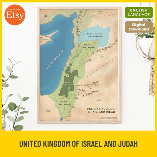 United Kingdom of Israel Judah Map, Printable Bible Map, King David & Solomon’s Reign, Old Testament, Christian Teaching, Instant Download
