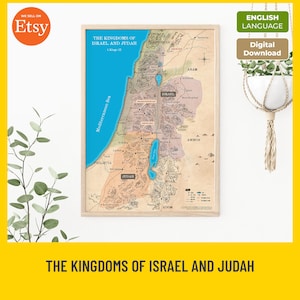 Pode incluir: Um mapa histórico emoldurado intitulado The Kingdoms of Israel and Judah, 1 Kings 12, apresentando o Mar Mediterrâneo em azul, regiões terrestres em bege e roxo, e várias cidades rotuladas. O mapa inclui uma legenda e detalhes.