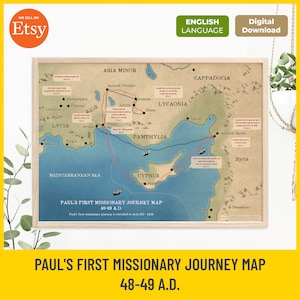 Mapa da Primeira Viagem Missionária de Paulo, Mapa Bíblico para Imprimir, Viagens do Apóstolo Paulo, Estudo do Novo Testamento, Ensino Cristão, Download Digital
