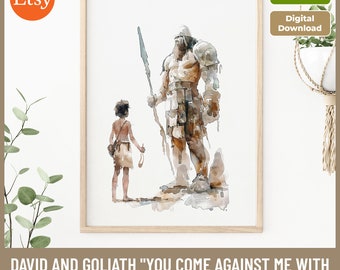 David and Goliath Watercolor Print: Bible Verse Christian Decor (Digital Download)