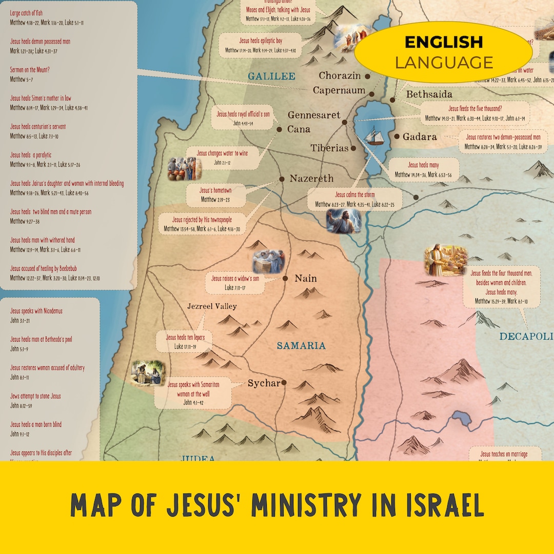 Map of Jesus' Ministry in Israel, Bible Maps, download Printable Etsy