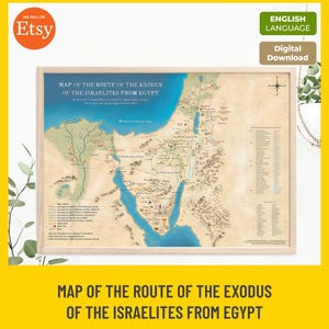 Puede incluir: Un mapa enmarcado titulado Map of the Route of the Exodus of the Israelites from Egypt, con un fondo beige estilo pergamino, cuerpos de agua azules y líneas rojas y verdes detalladas que trazan rutas históricas por la región de Oriente Medio.