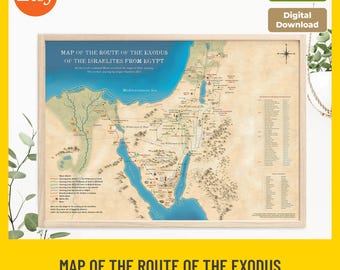 May include: A framed map titled Map of the Route of the Exodus of the Israelites from Egypt, featuring a beige parchment-style background, blue water bodies, and detailed red and green lines tracing historical paths across the Middle East region.