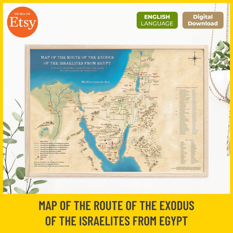 May include: A printable map of the route of the Exodus of the Israelites from Egypt. The map is in a light brown frame and shows the journey from Egypt to the Promised Land. The map is labeled with the names of places and events along the way. The map is in English.